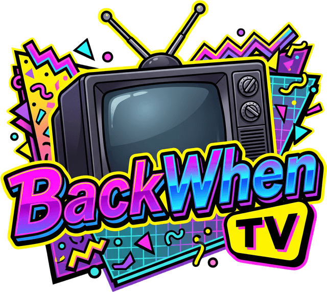 BackWhenTV logo: a retro television with antennas in neon 90s style