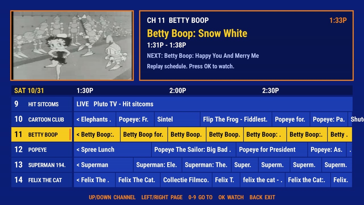 The BackWhenTV channel guide with a classic kids show playing in a preview window