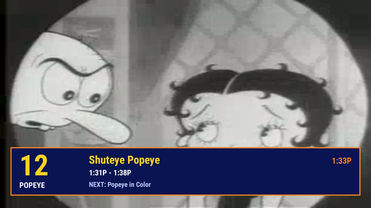 A vintage cartoon playing full screen with a channel banner
